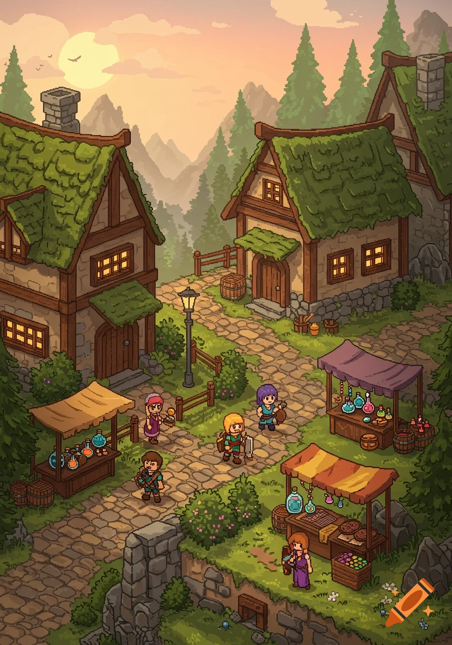 Pixel art fantasy village at sunset, with medieval-style houses, market stalls, and small characters walking on a cobblestone path.