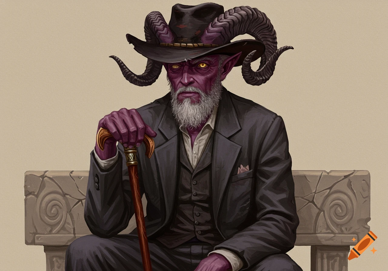 An oil painting of a purple-skinned tiefling man with ram horns, golden eyes, and a white beard, wearing a dark suit and a tattered cowboy hat, holding a walking cane.