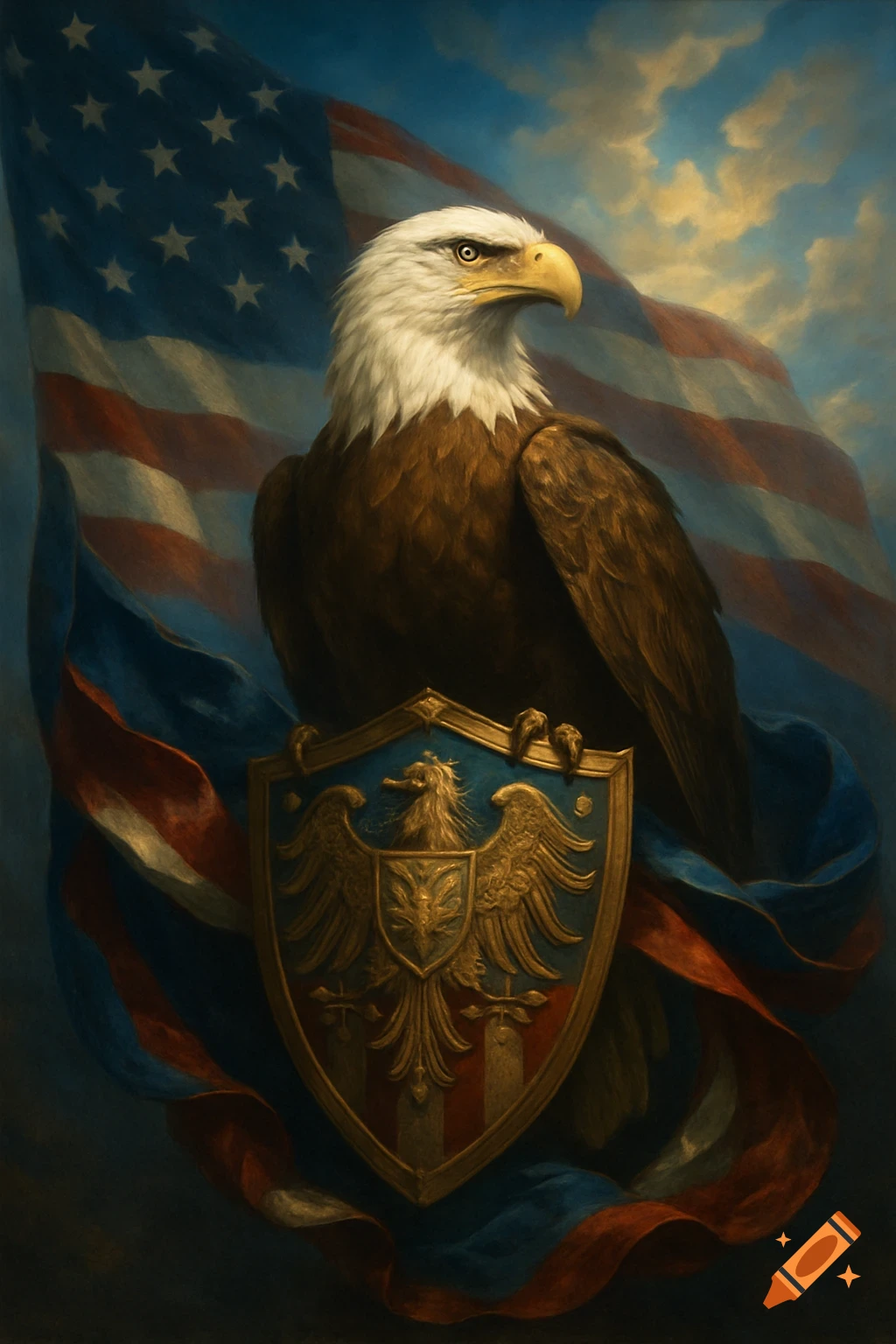 Majestic bald eagle stands before a waving American flag, clutching a golden shield with an eagle emblem, in a painterly style.