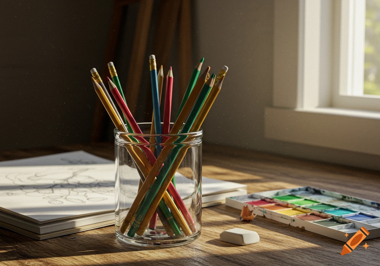 A glass jar full of colorful pencils sits on a wooden desk next to a sketchbook, watercolor palette, and eraser, bathed in sunlight from a window.