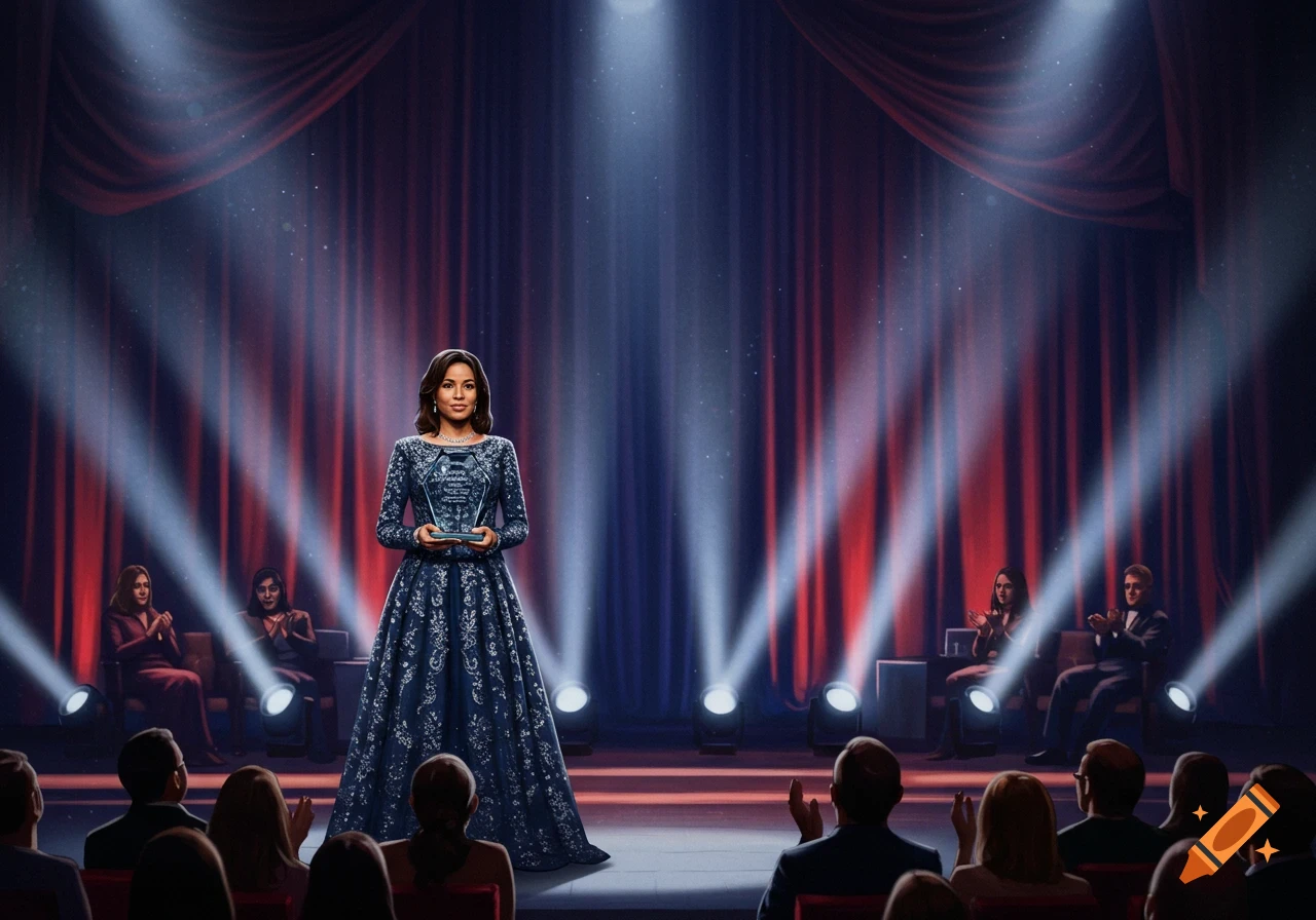 A woman in an elaborate blue gown stands on a spotlighted stage, holding an award, as an audience applauds.