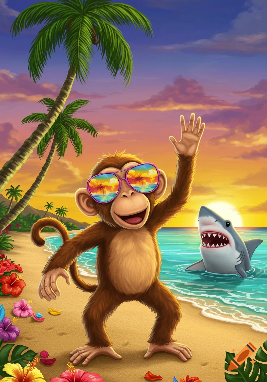 A cartoon monkey with rainbow sunglasses dances on a tropical beach at sunset, with a shark swimming in the turquoise ocean nearby.