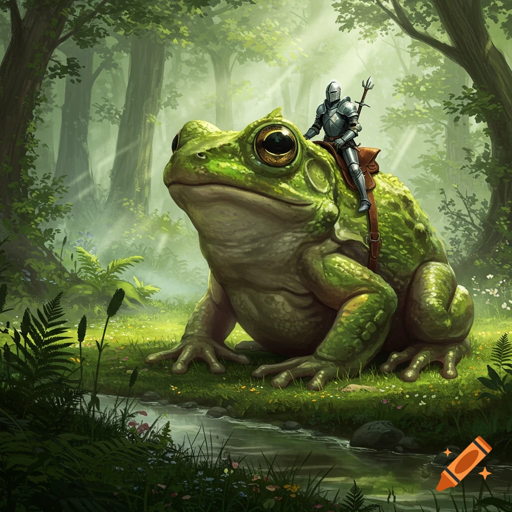 A small knight in shining armor rides a giant green frog through a lush forest with a stream.