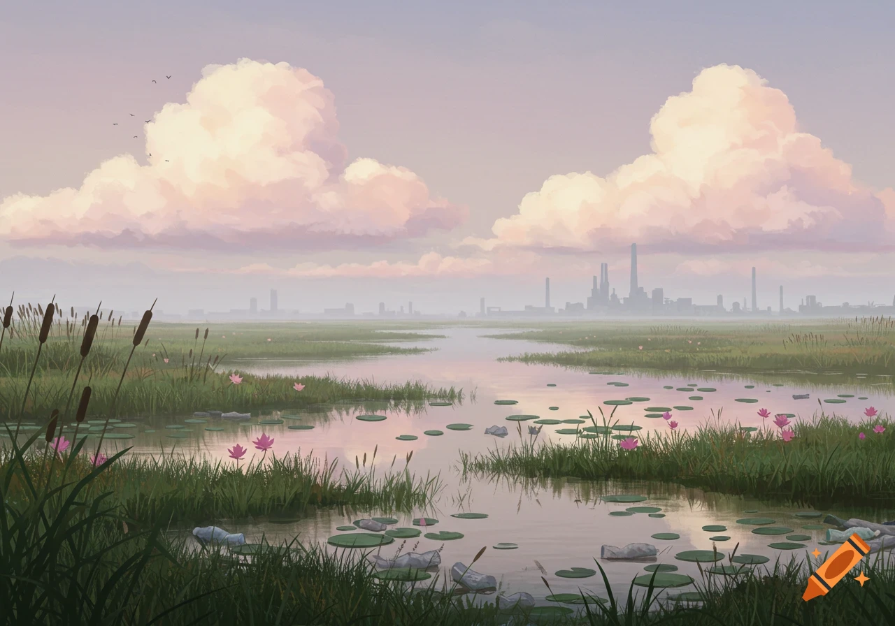 Stylized illustration of a wetland river with lily pads, cattails, distant factories, and plastic pollution.