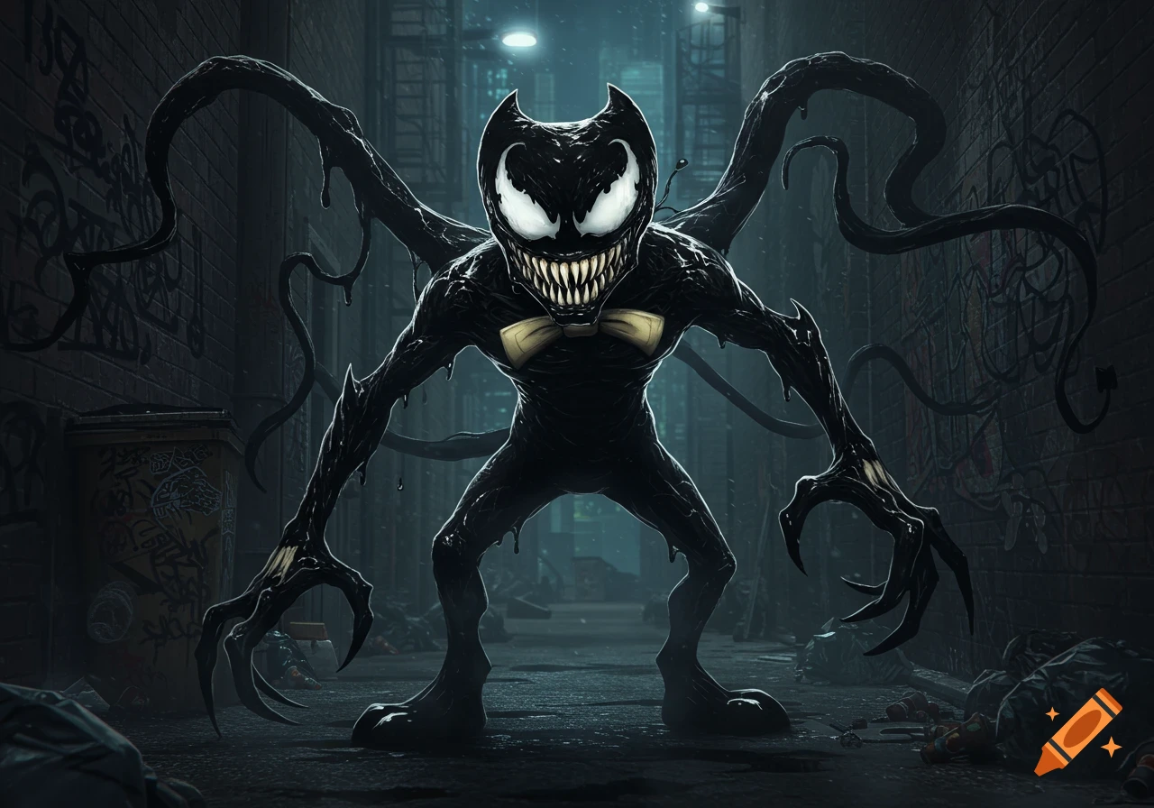 A monstrous black ink creature with Venom's face and Bendy's bowtie and horns stands in a dark, gritty alleyway.