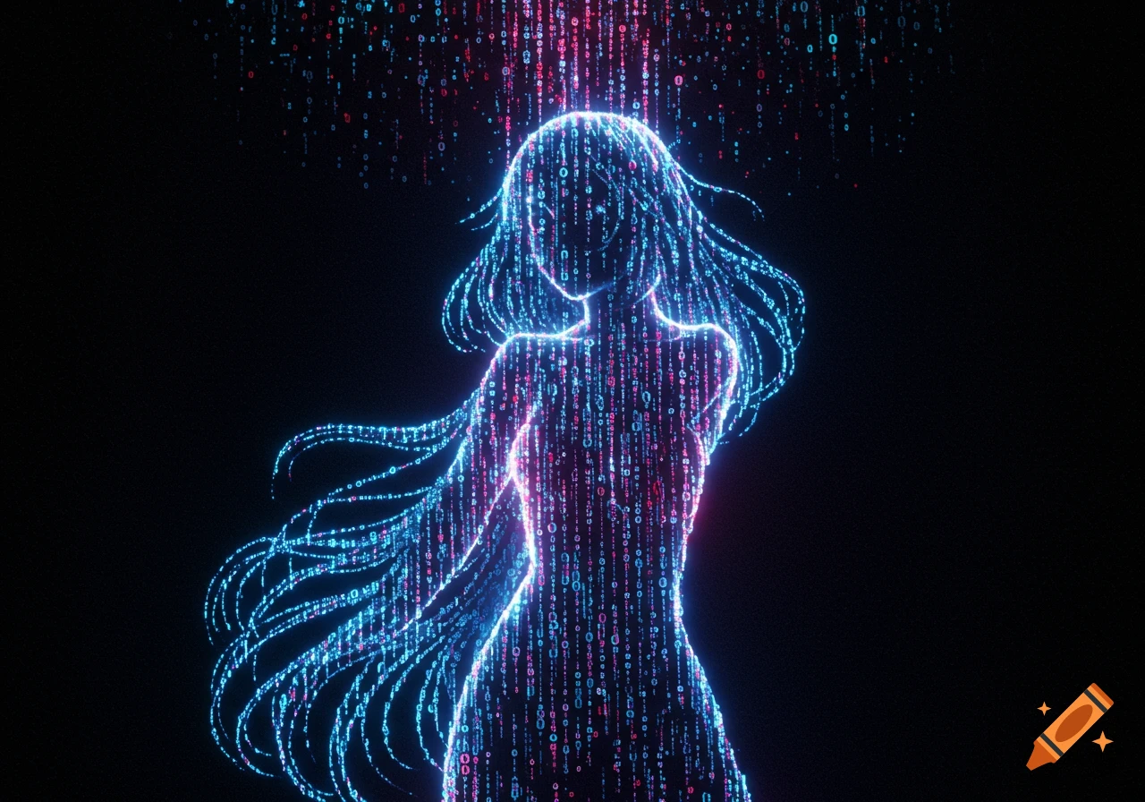 Stylized silhouette of a woman formed by glowing blue and red binary code against a dark background, digital art.
