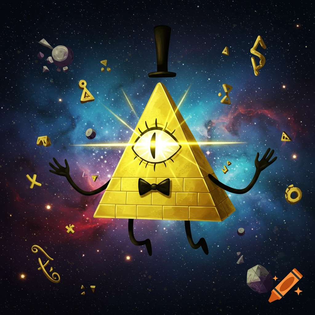 Golden one-eyed triangle character Bill Cipher wearing a top hat and bow tie, floating in a galaxy with glowing symbols.