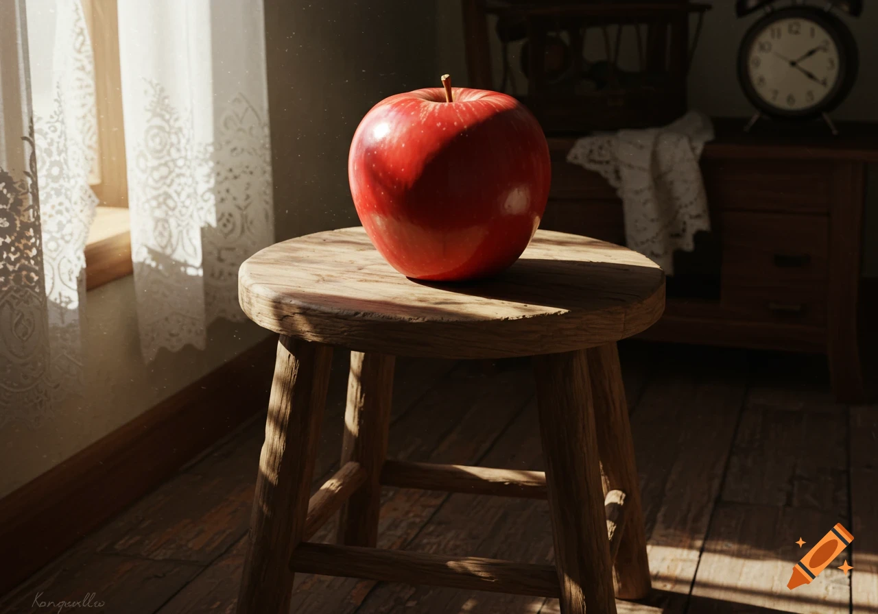 A bright red apple sits on a rustic wooden stool, bathed in sunlight filtering through a lace curtain, creating a still life scene.