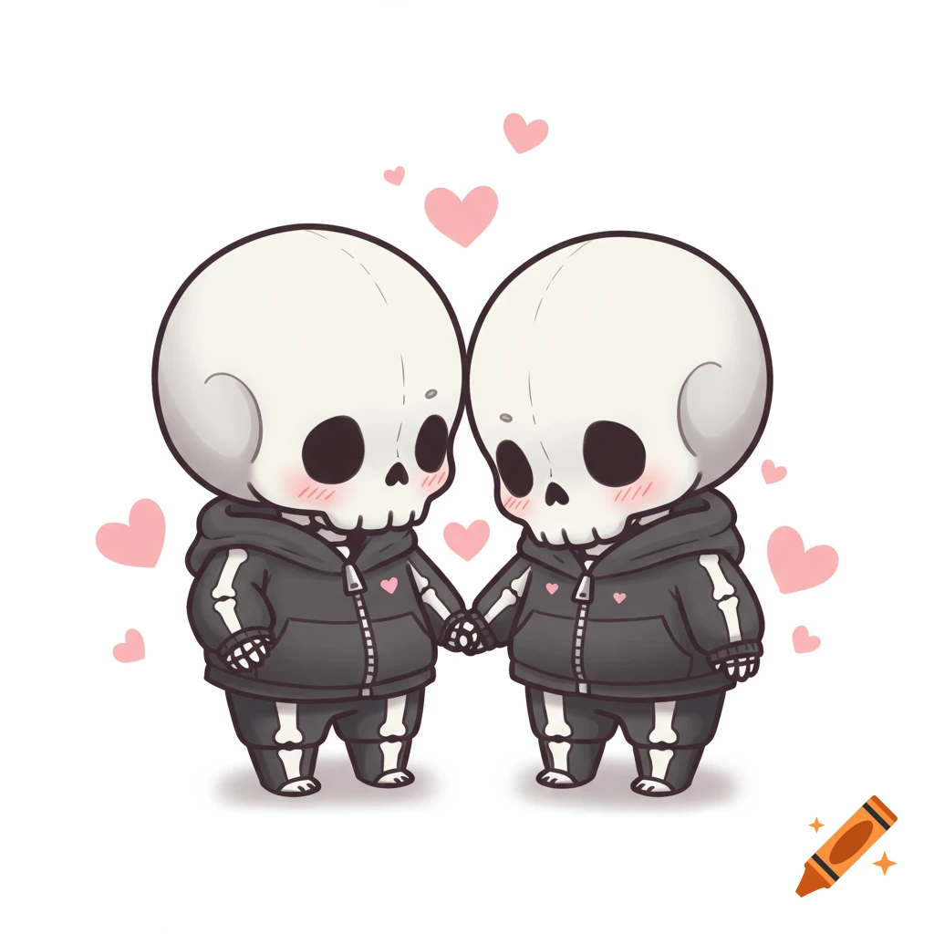Two cute chibi skeletons in hoodies holding hands, with pink blush and floating hearts, on a white background.