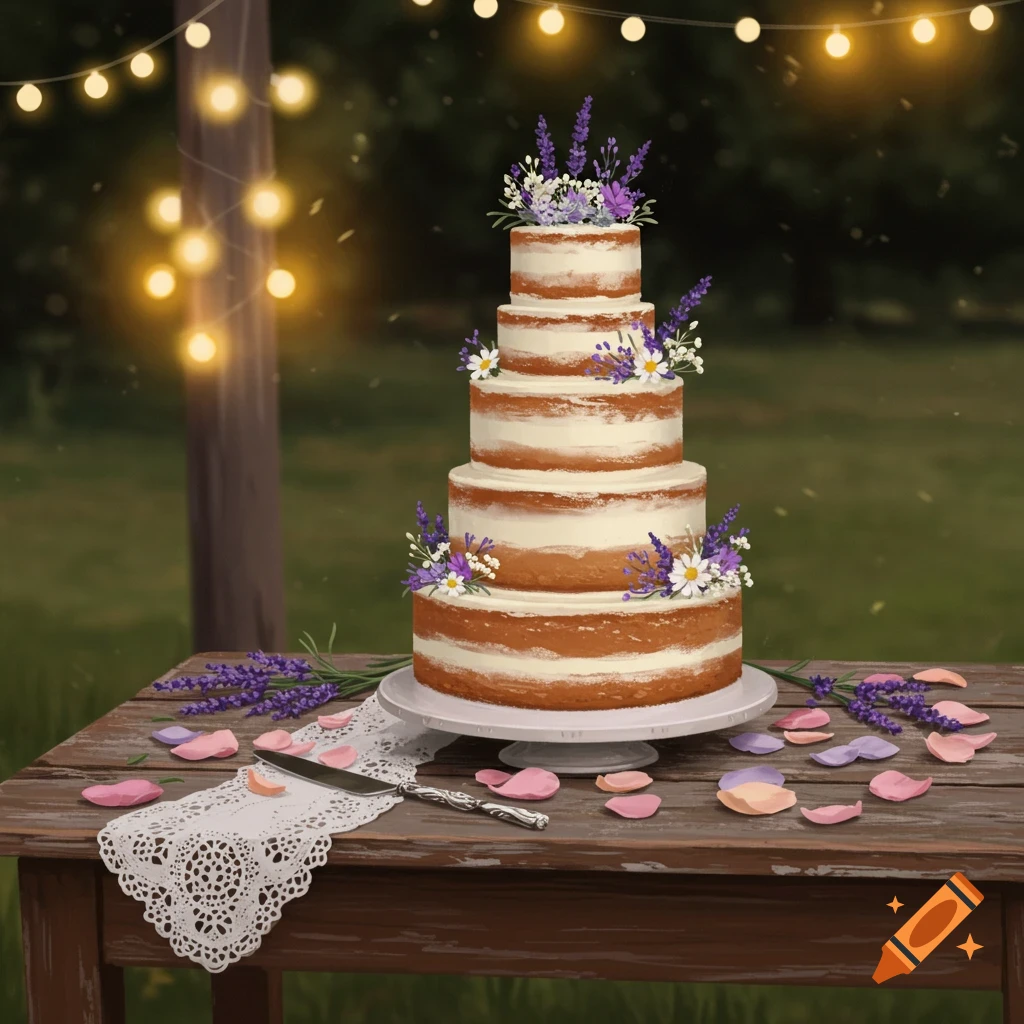 A five-tier rustic naked wedding cake adorned with lavender and daisies sits on a wooden table with scattered petals, under string lights in an outdoor setting.