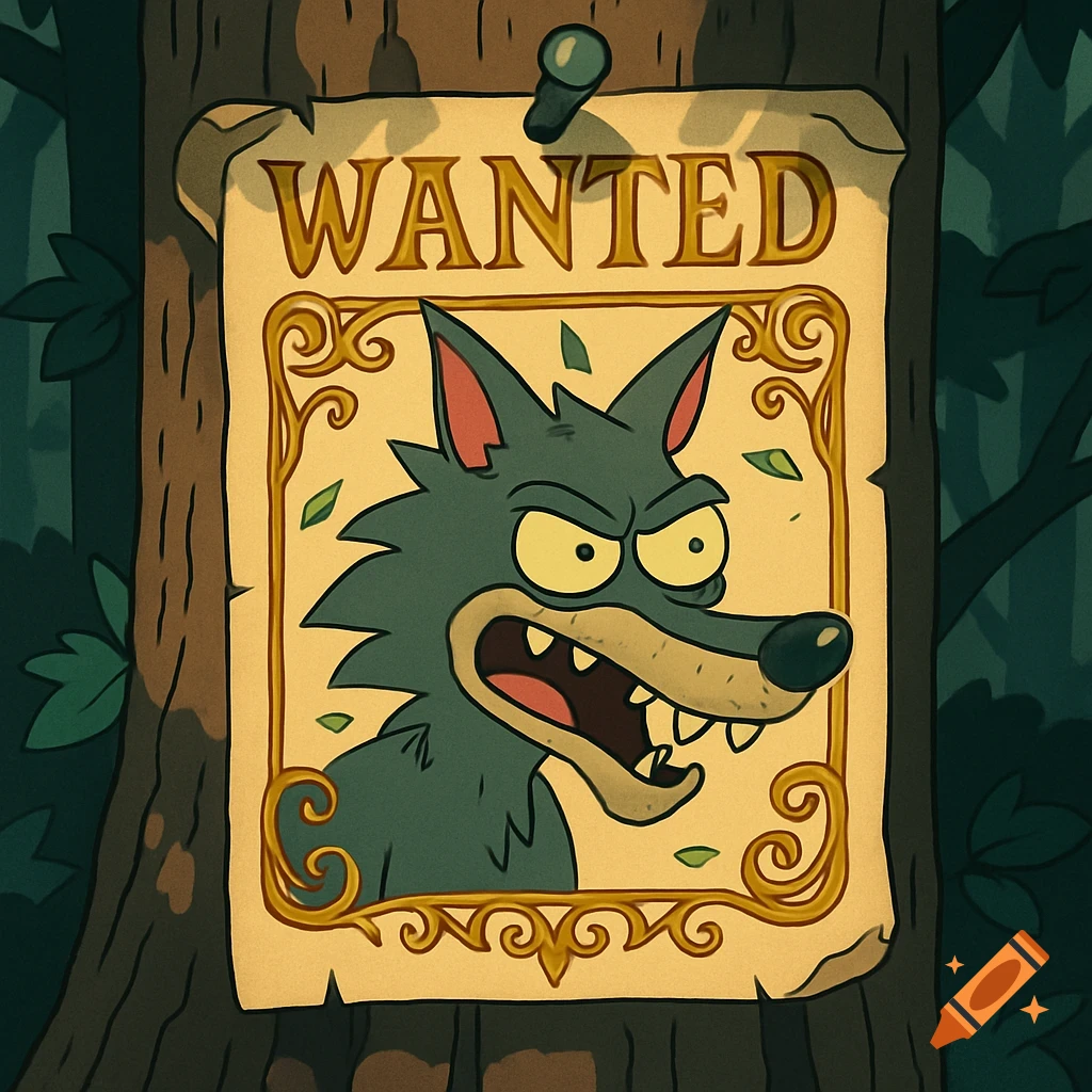 A Rick & Morty style cartoon wanted poster for a snarling grey wolf, nailed to a tree in a dark forest.