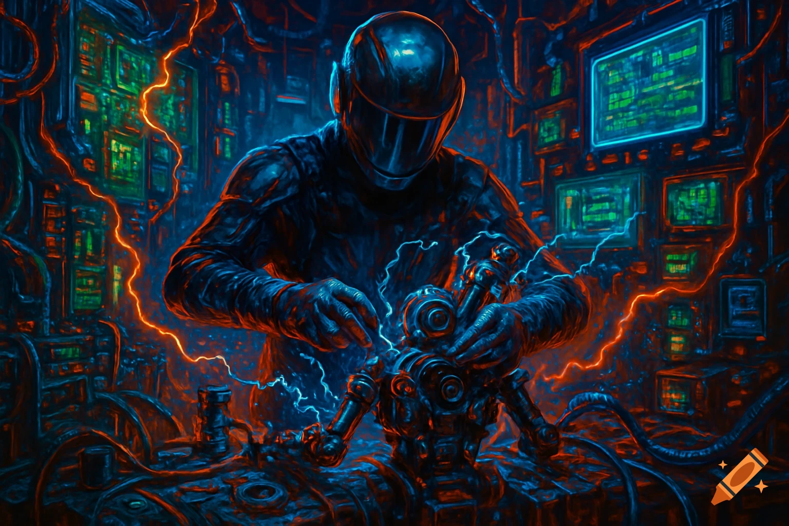 A person in a dark, futuristic suit and helmet works on intricate machinery, surrounded by glowing screens and electrical arcs in a vibrant, painterly style.