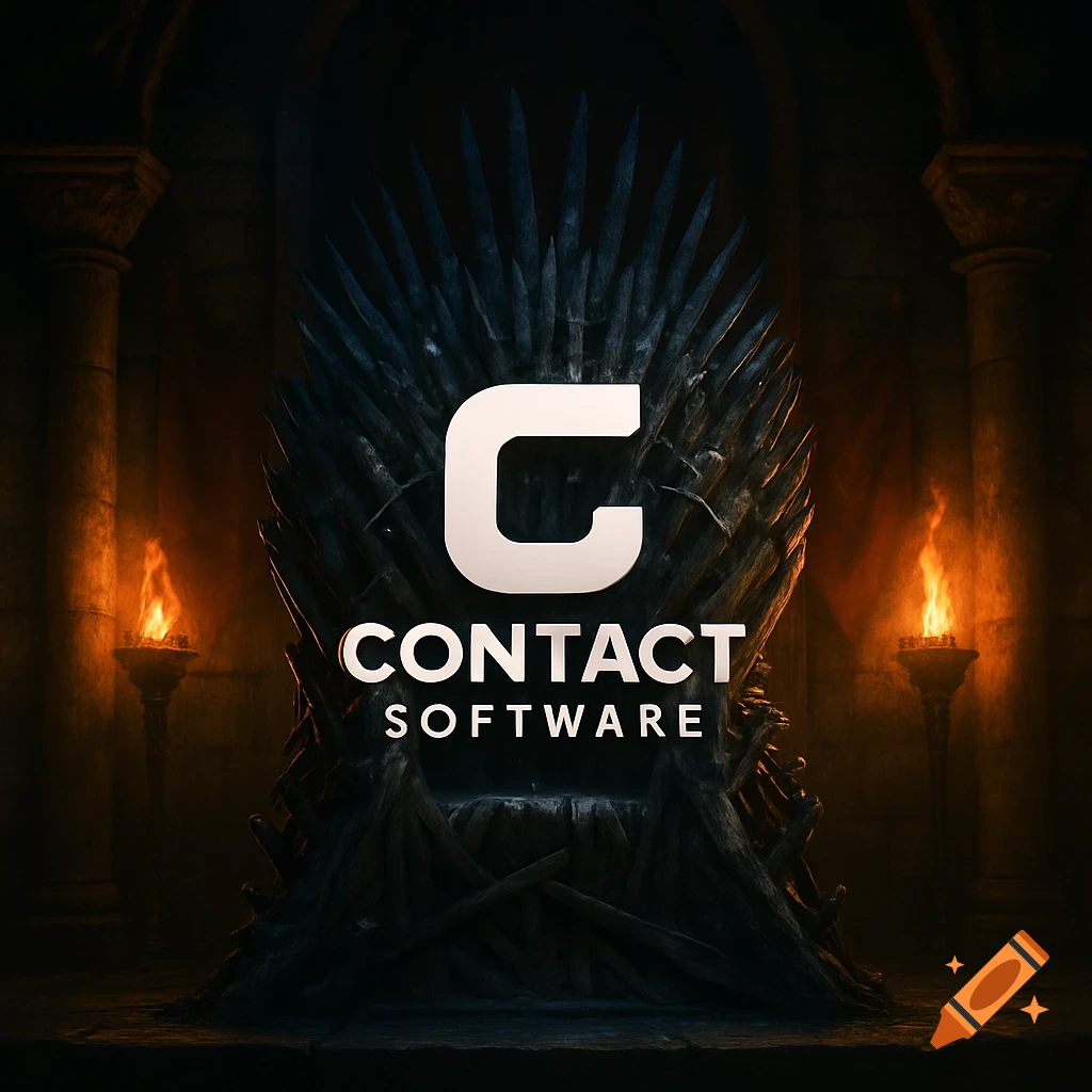 The 'C' logo for Contact Software on a Game of Thrones-style Iron Throne in a dark, torch-lit hall.