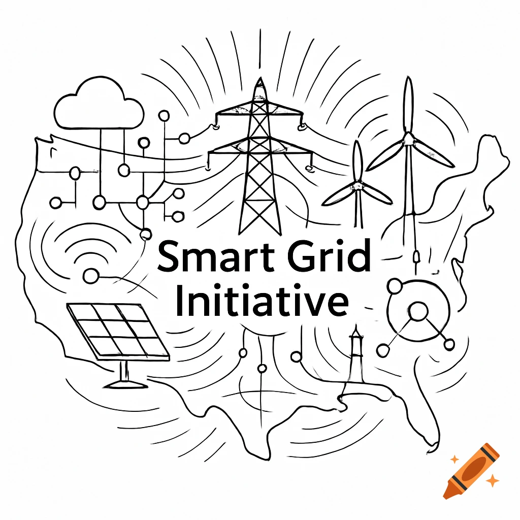 Black and white line drawing of the US map with smart grid symbols, power infrastructure, and text 'Smart Grid Initiative'.