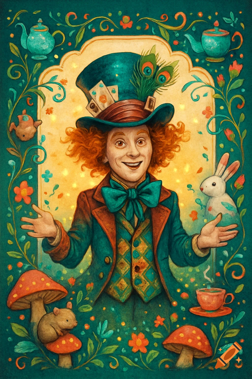 Whimsical illustration of the Mad Hatter with a rabbit, mouse, mushrooms, and teapots in an ornate border.