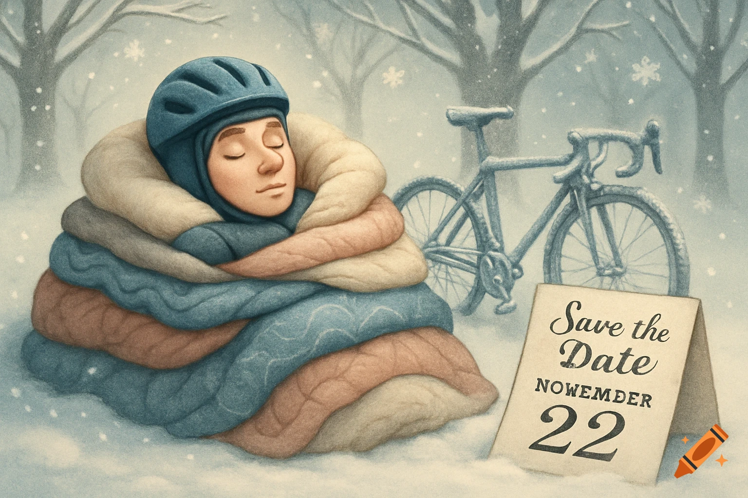 An illustrated cyclist in a helmet, bundled in blankets and sleeping in a snowy forest next to a bicycle and a 'Save the Date' sign.