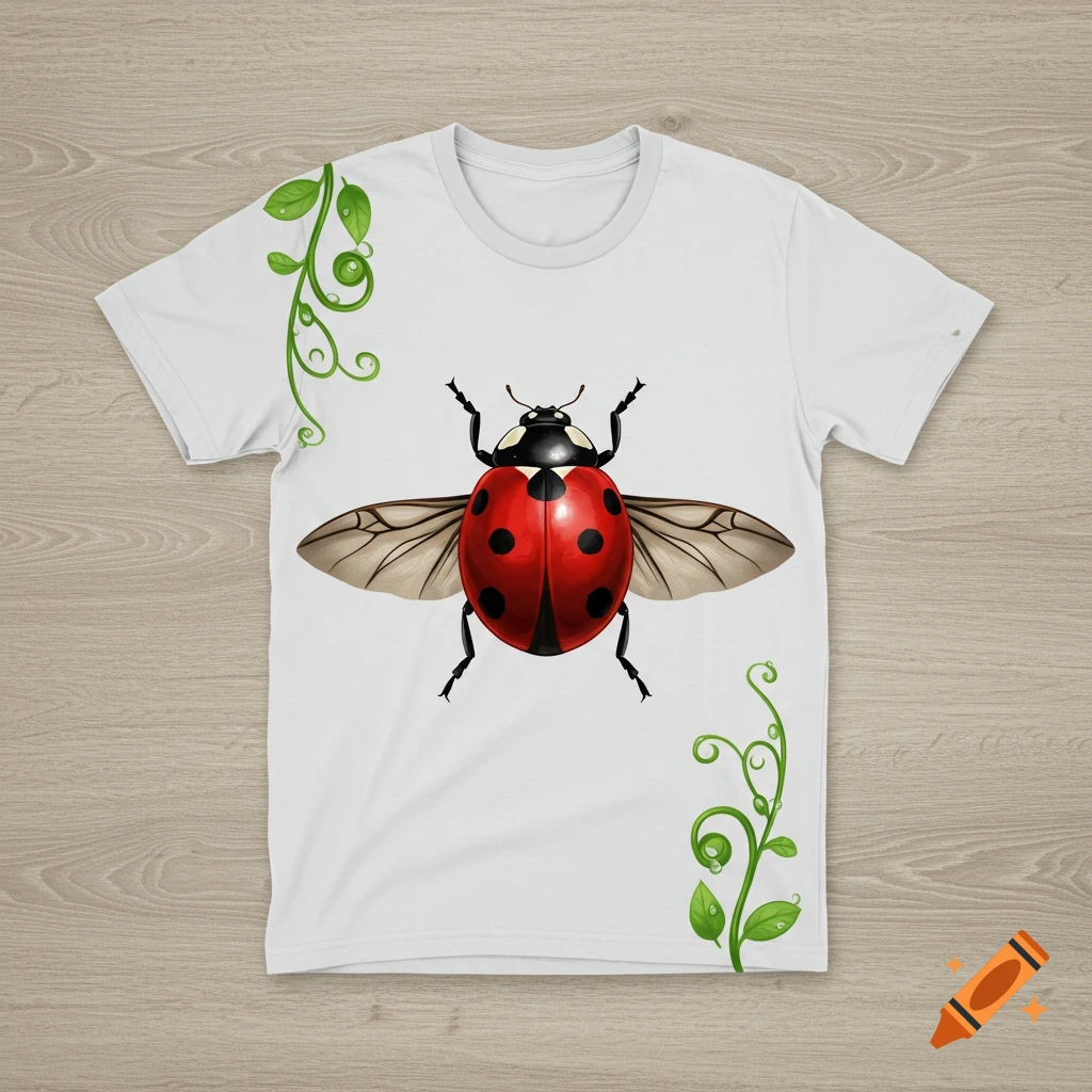 White t-shirt featuring a large, detailed red and black ladybug in the center, flanked by green curly vines. Laid on a wooden surface.