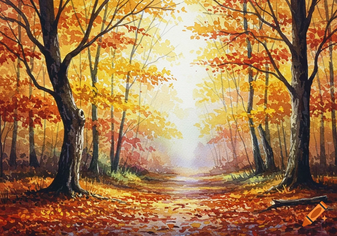 Vibrant watercolor painting of an autumn forest path, with trees adorned in red and yellow foliage, bathed in sunlight.