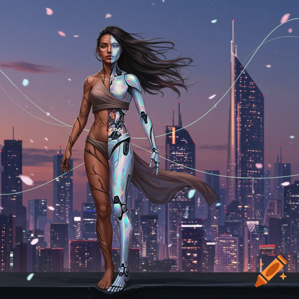 Half human, half robot woman stands on a rooftop against a futuristic city skyline at dusk, digital art.