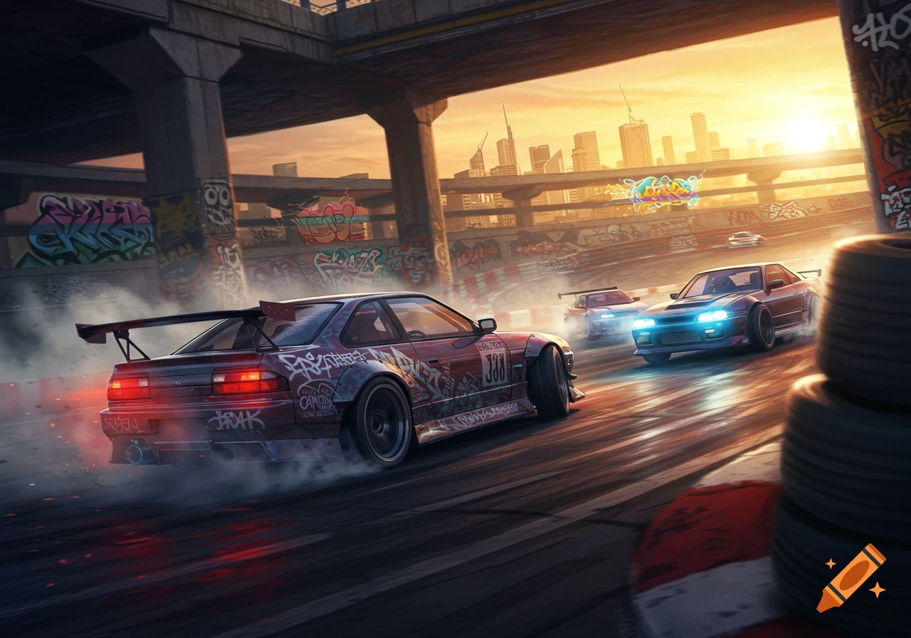 Three drift cars on a race track under a bridge covered in graffiti, with a city skyline in the background at sunset. Smoke billows from the cars.