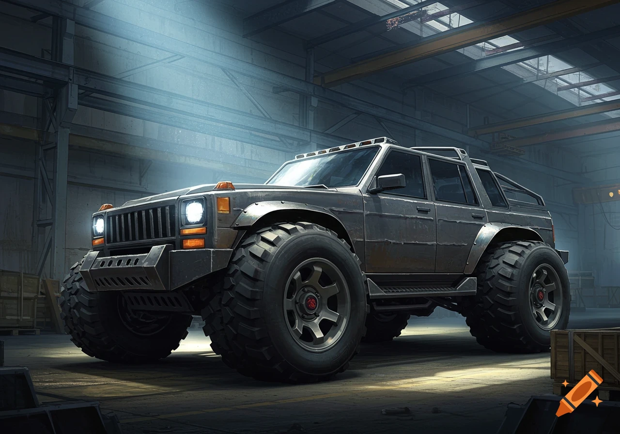 A dark grey, rugged custom SUV with large tires and a front bull bar, parked in a dimly lit industrial warehouse. Photorealistic.