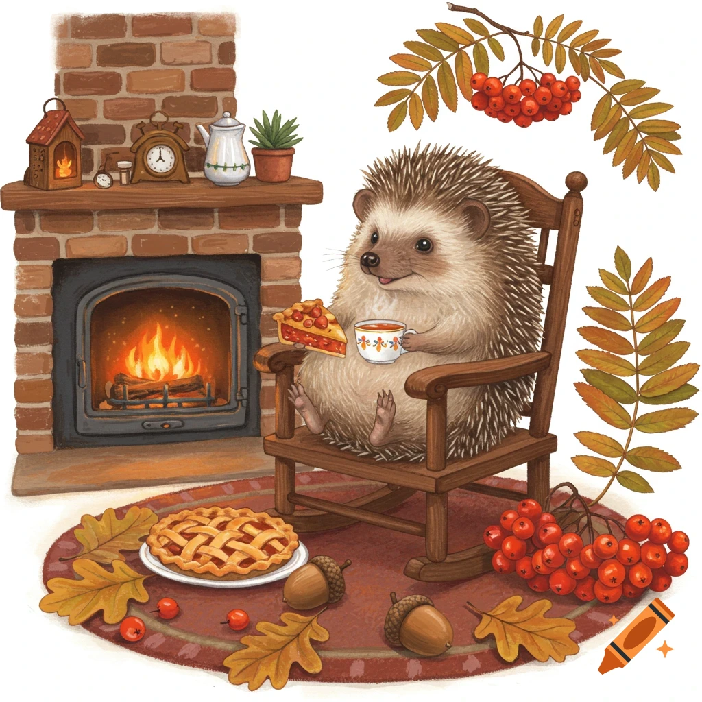 An illustration of a hedgehog in a rocking chair by a fireplace, holding pie and tea, with autumn leaves and berries.