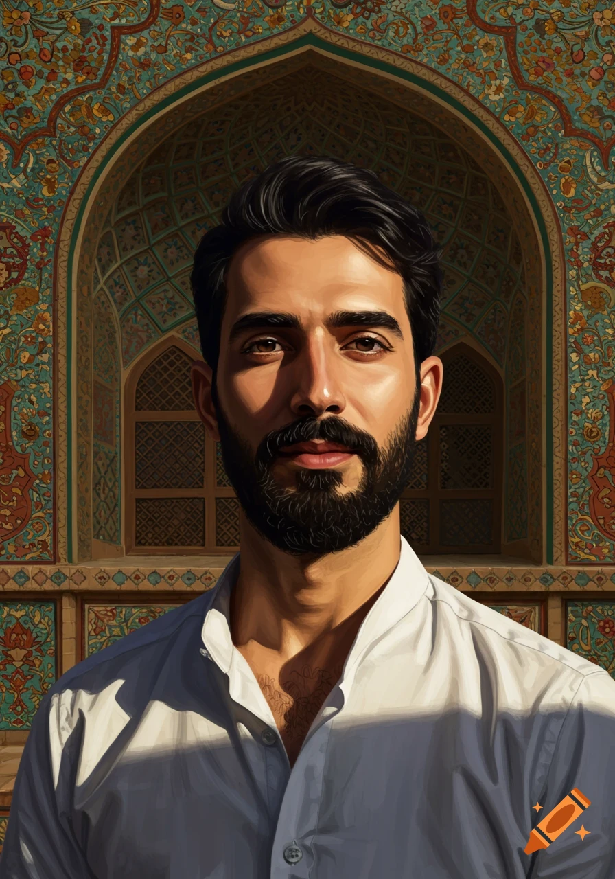 A photorealistic portrait of a bearded man in a white shirt, looking forward against a backdrop of traditional patterned Islamic architecture.