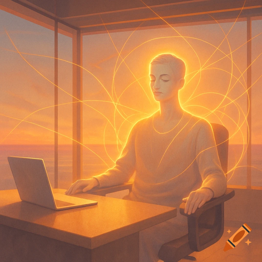 A person meditating with glowing energy lines sits at a desk with a laptop, by a window overlooking a sunset ocean.