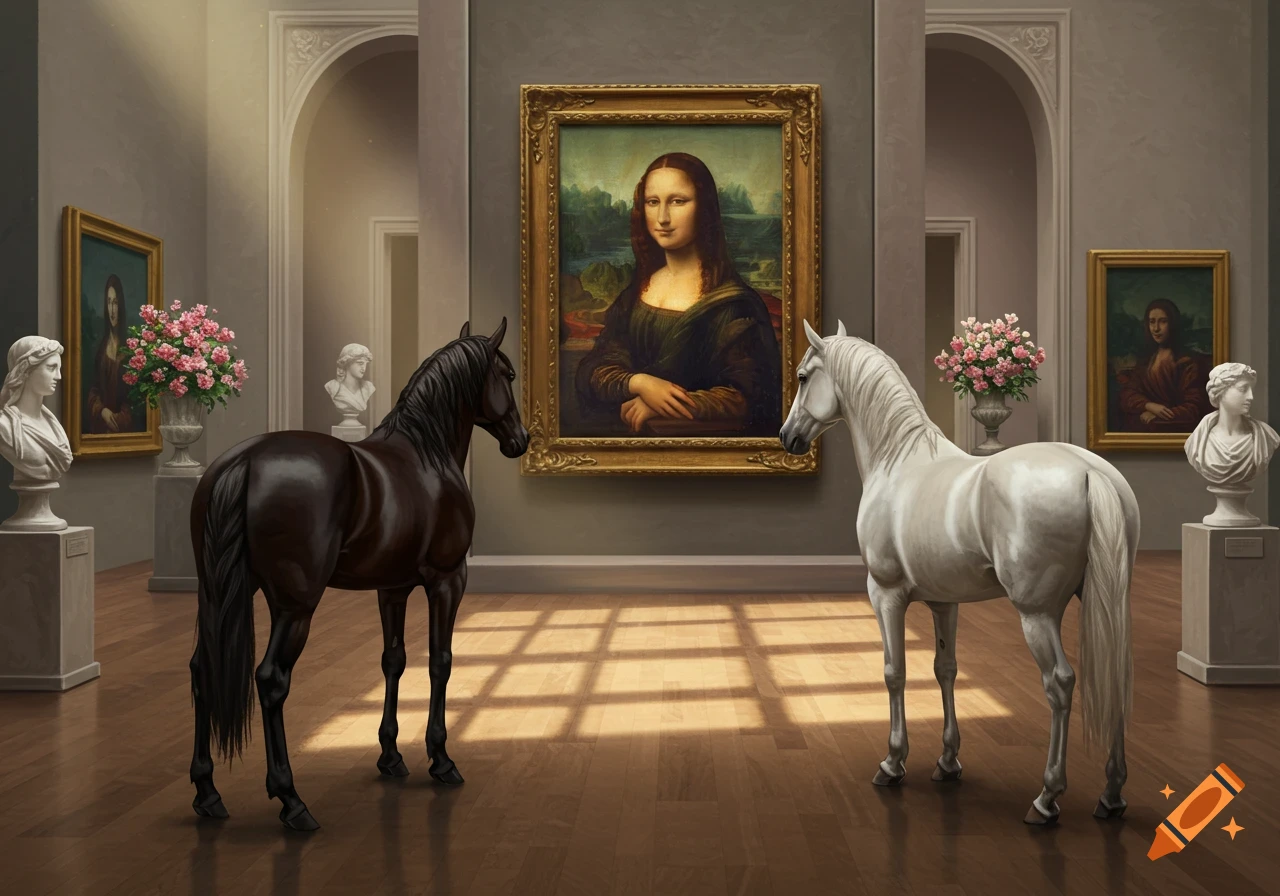 A black and a white horse stand in a museum, gazing at the Mona Lisa painting, with classical busts and pink flowers.