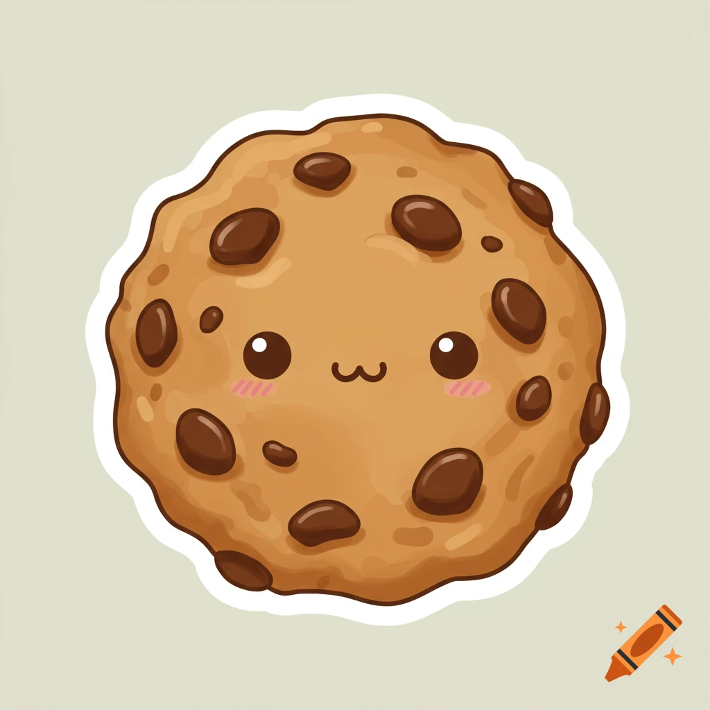 A cute, round cartoon chocolate chip cookie with a smiling face and blush marks, depicted as a sticker on a light background.