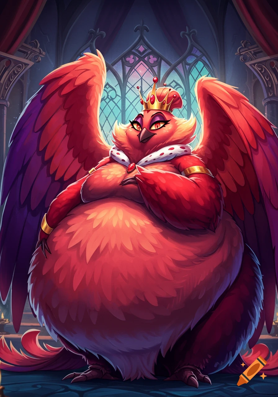 A plump, regal red bird-like creature with a gold crown and white collar stands in a grand hall. Stylized cartoon.