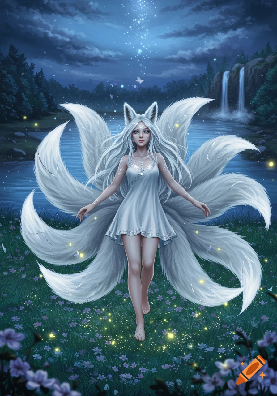 A white-haired, nine-tailed fox girl in a white dress stands in a flower field under a starry night sky with waterfalls.