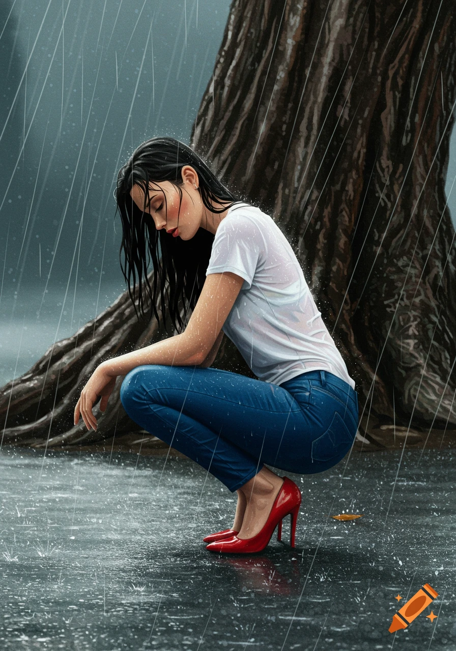 A woman in a white t-shirt, blue jeans, and red high heels squats in the rain next to a tree trunk, looking down.