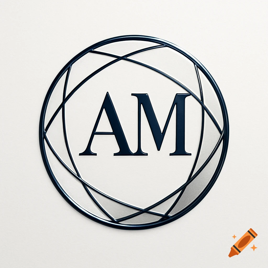 A minimalist business logo with the dark blue serif letters 'AM' centered within a circular, geometric line frame on a light background.