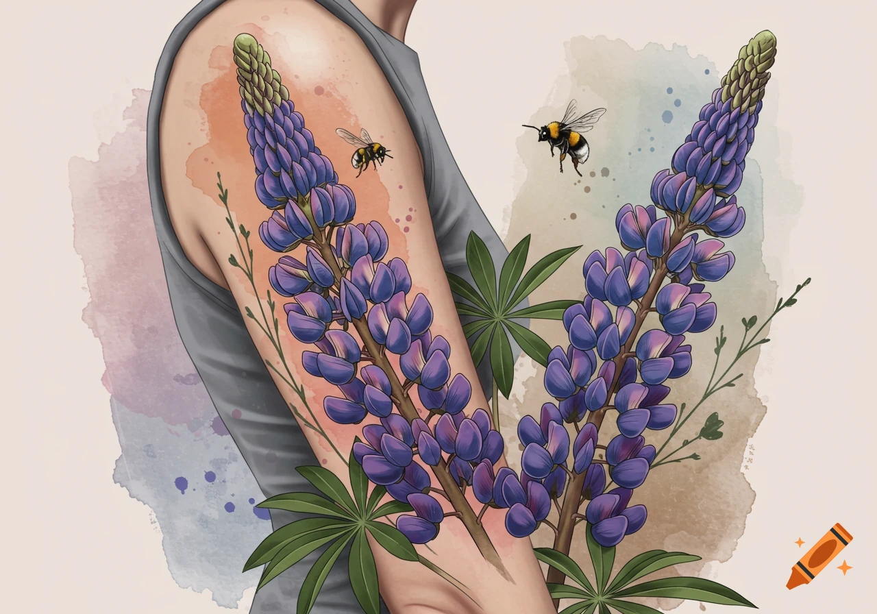 A large new traditional linework tattoo on an upper arm featuring two purple lupine flowers and a bumblebee, with a soft watercolor background.