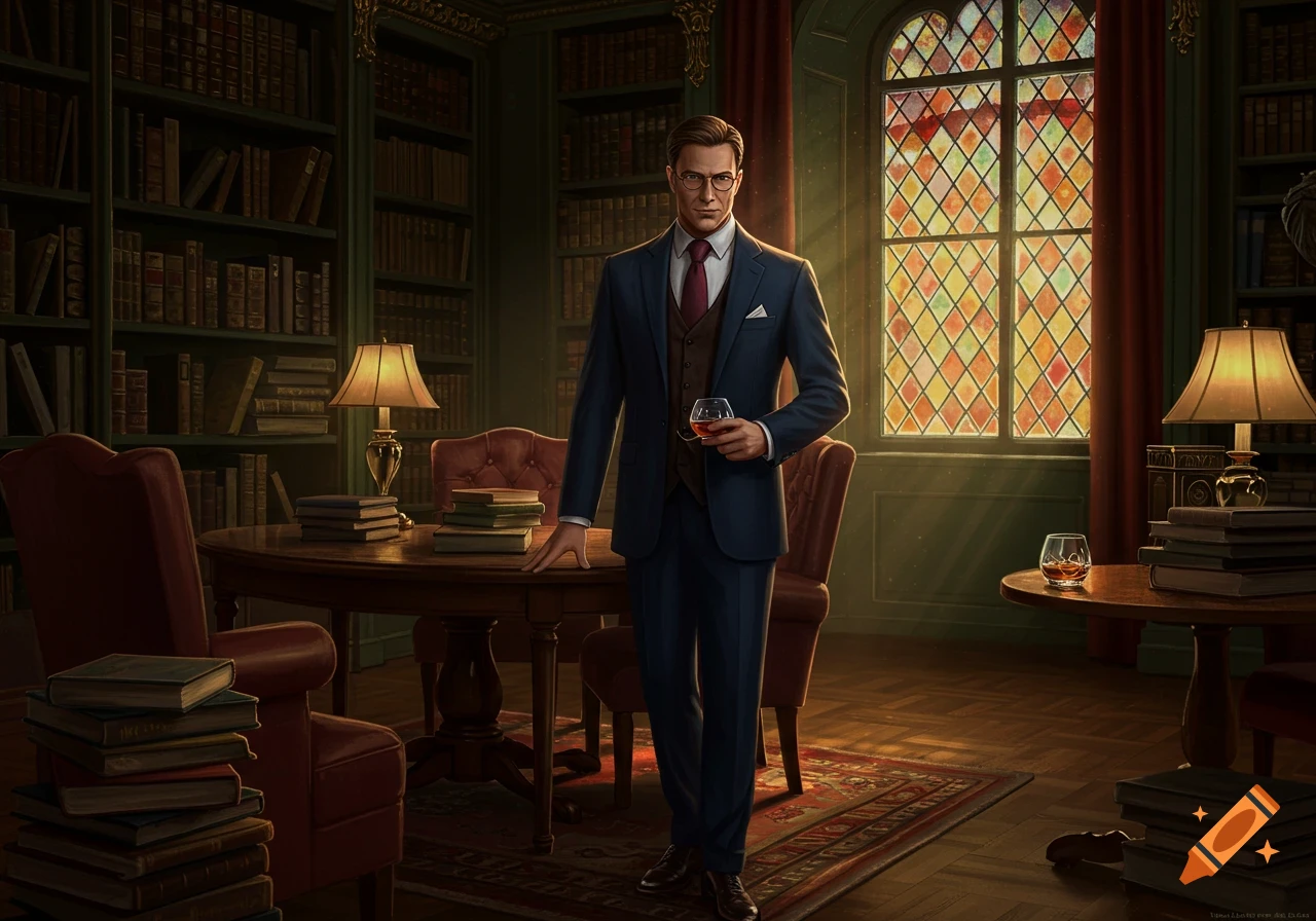 A man in a navy suit, brown vest, and glasses stands in a luxurious library holding a glass of whiskey, with sunlight streaming through a stained glass window.
