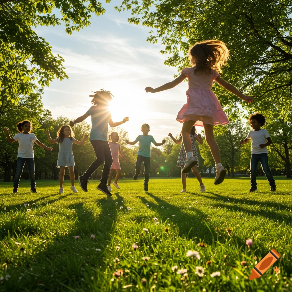 Group of diverse children jumping in a sunny park with green grass and trees.