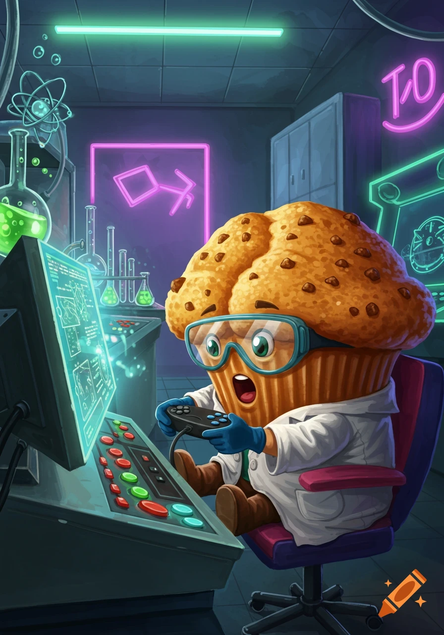 A cartoon muffin in a lab coat and safety goggles plays a video game at a glowing computer console in a neon-lit science lab.