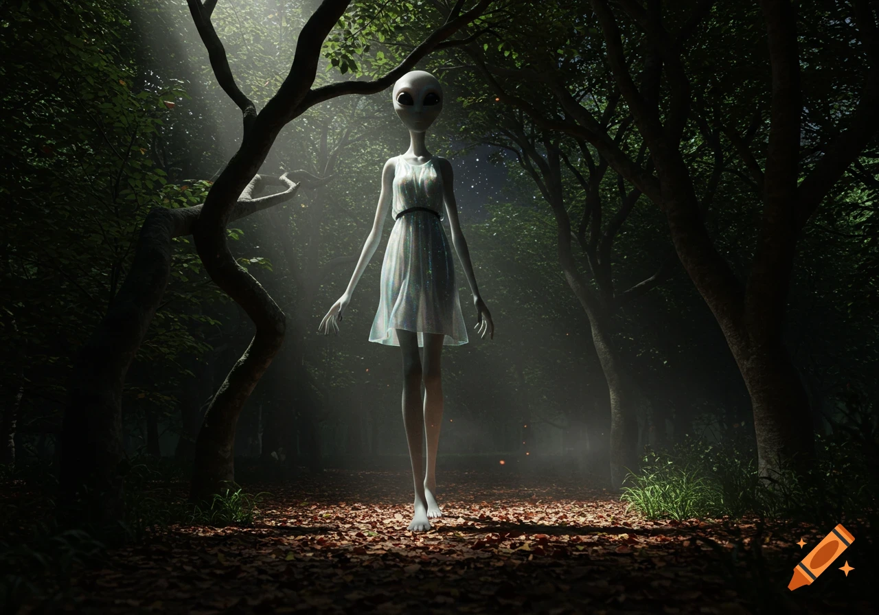 A tall, grey alien in a shimmering, translucent dress stands barefoot in a dark, misty forest at night with light rays.