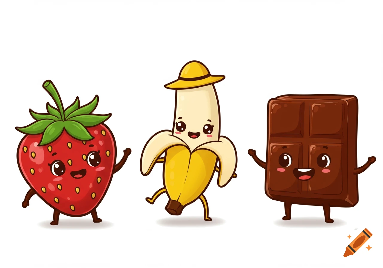 A cute vector illustration of happy cartoon characters: a strawberry, a peeled banana with a hat, and a chocolate bar on a white background.