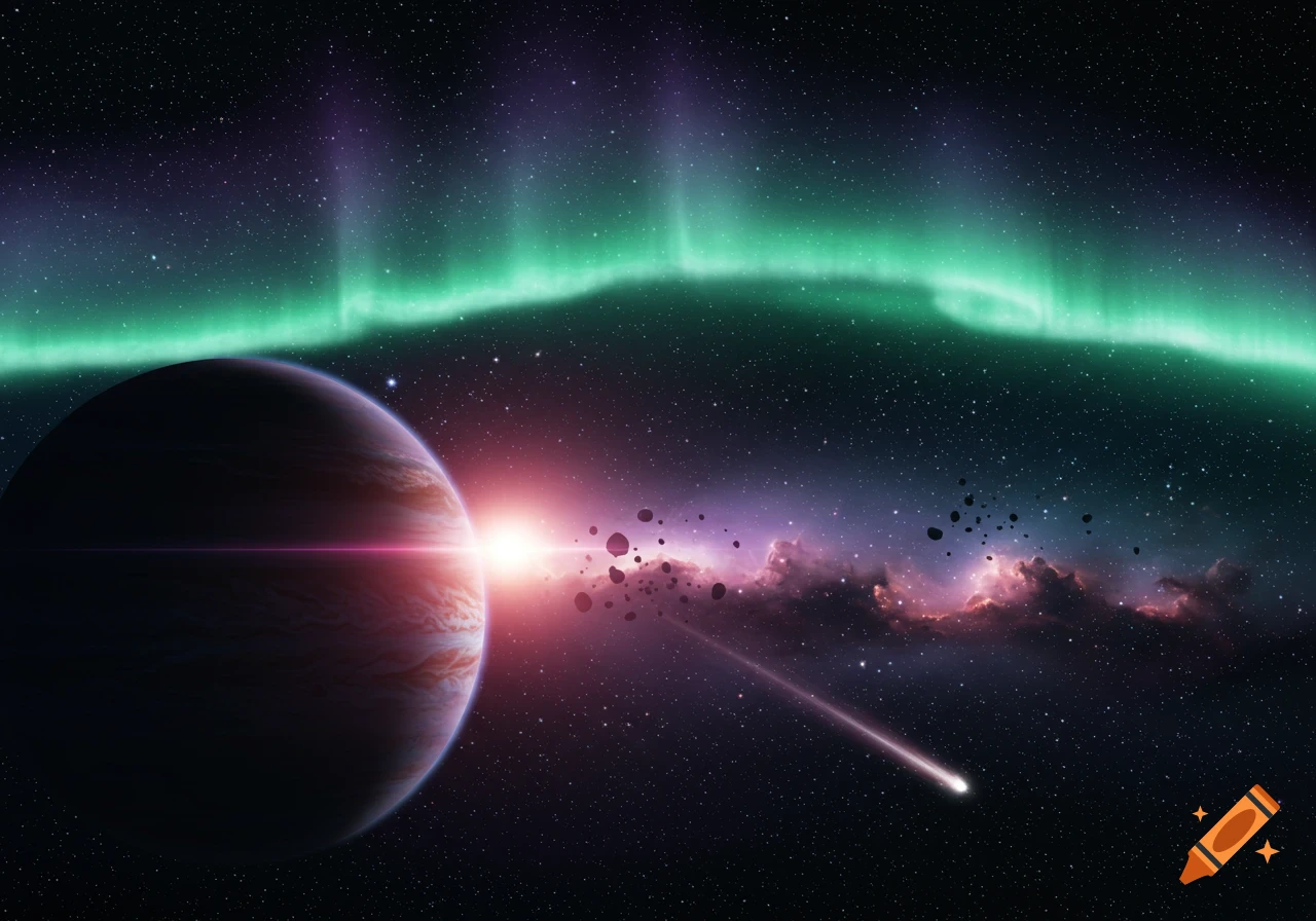 A vibrant space scene with a large planet, green aurora, asteroid field, and a comet against a star-filled sky.
