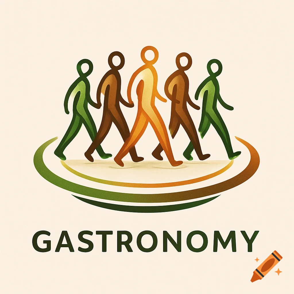 A logo featuring five stylized walking figures in green and brown tones arranged in a semi-circle, above the word GASTRONOMY.