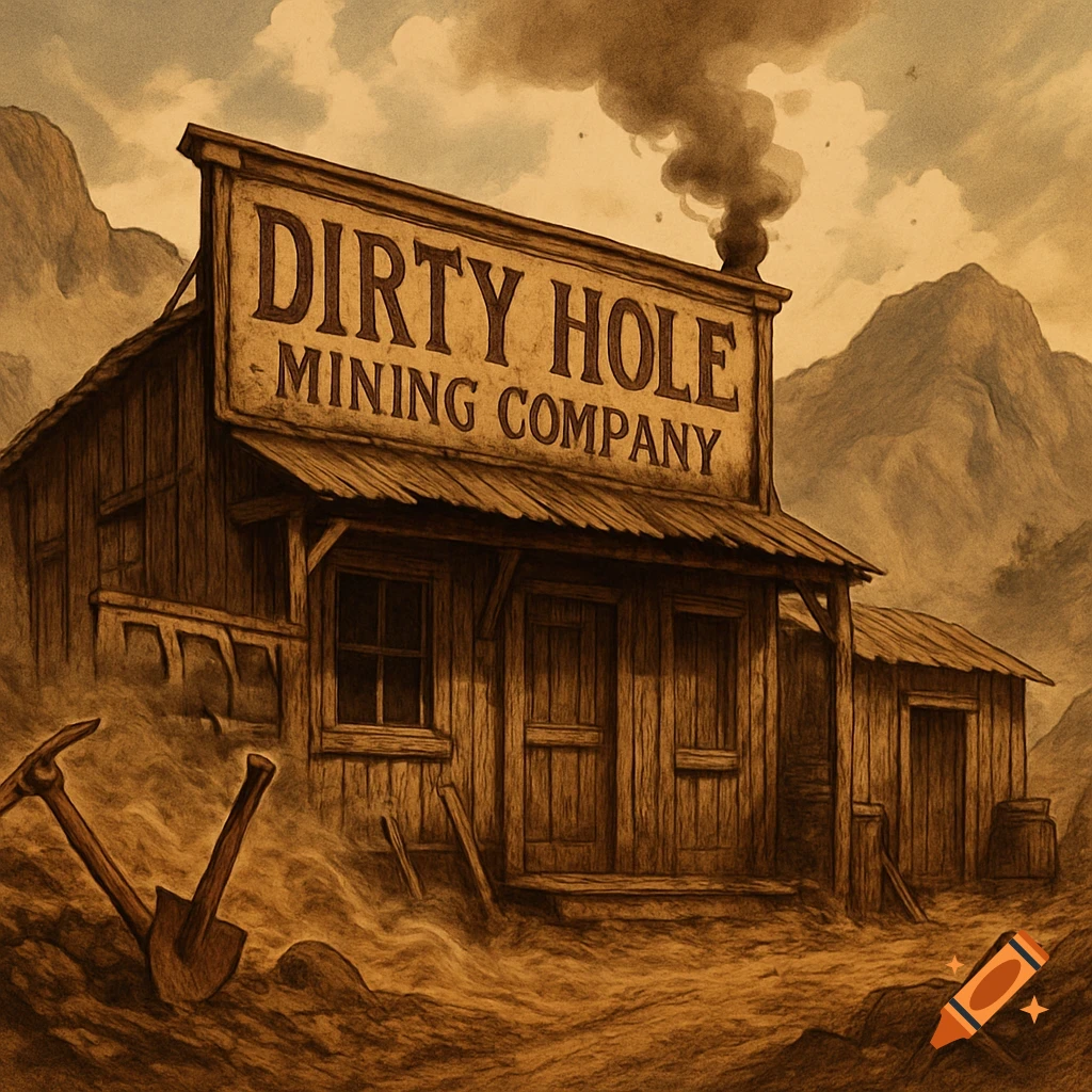 Sepia-toned illustration of an old wooden 'Dirty Hole Mining Company' building in a dusty, mountainous western landscape with mining tools.