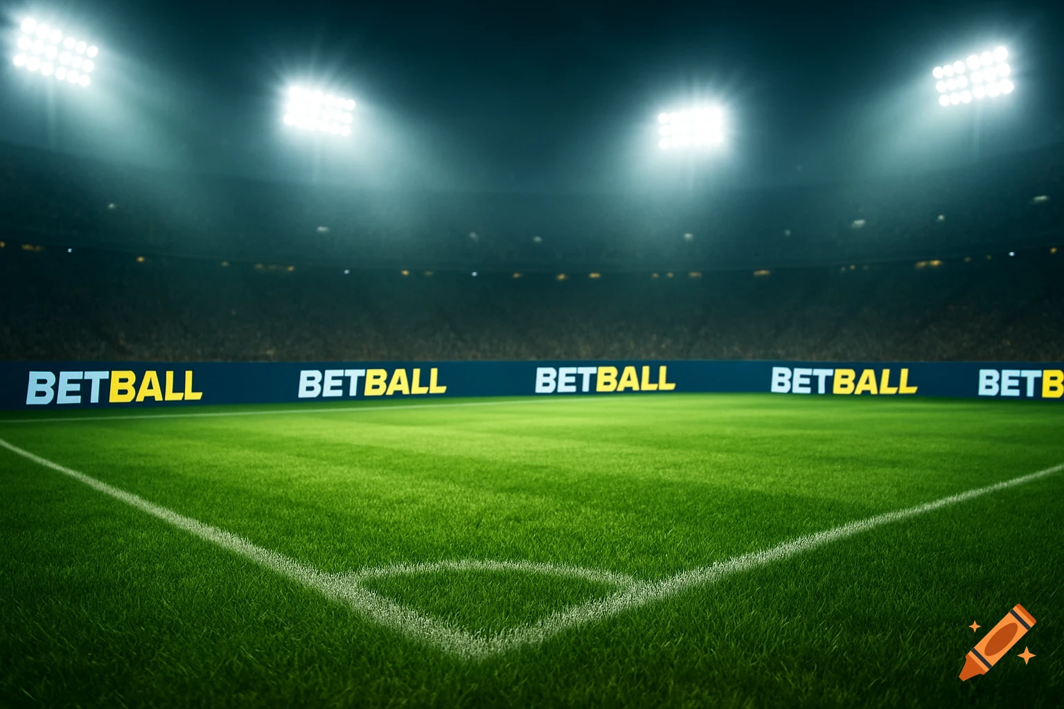 Photorealistic football pitch in a stadium at night under bright lights, with 'BETBALL' logos on the advertising hoardings.