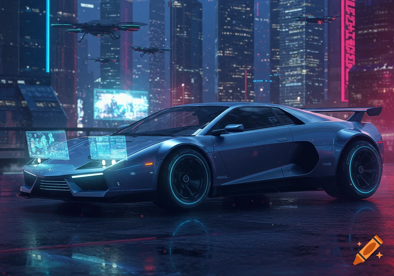 A futuristic blue sports car with holographic displays on its hood, parked on a wet city street at night. Drones fly above, and neon-lit skyscrapers fill the background.