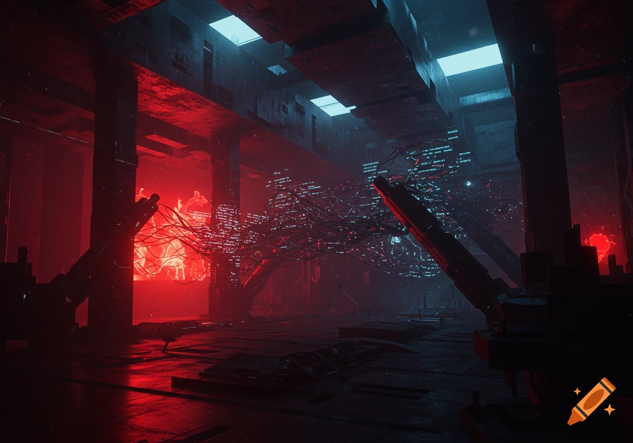 A dark, brutalist industrial structure with glowing red and blue data streams crisscrossing through an eerie, futuristic setting.