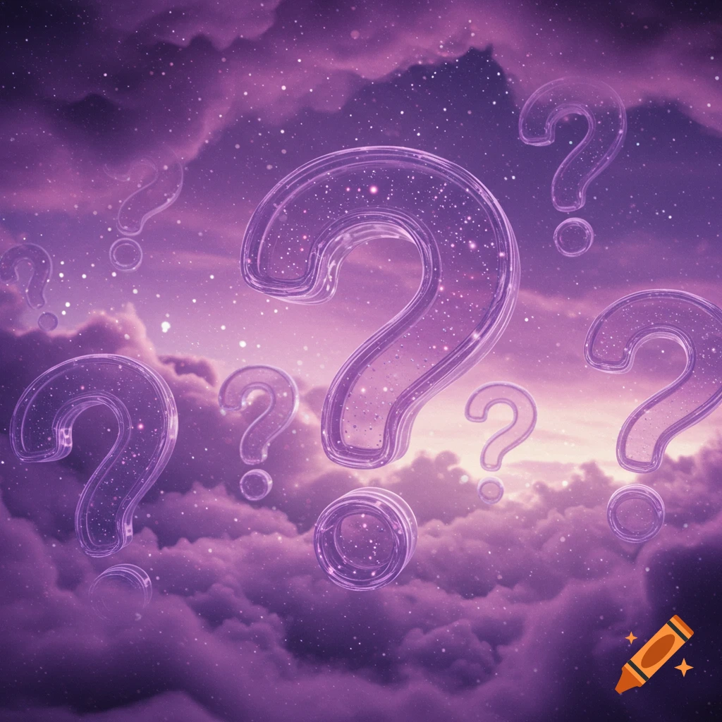 Translucent, glittery purple question marks float in a starry, cloudy, purple and pink sky.