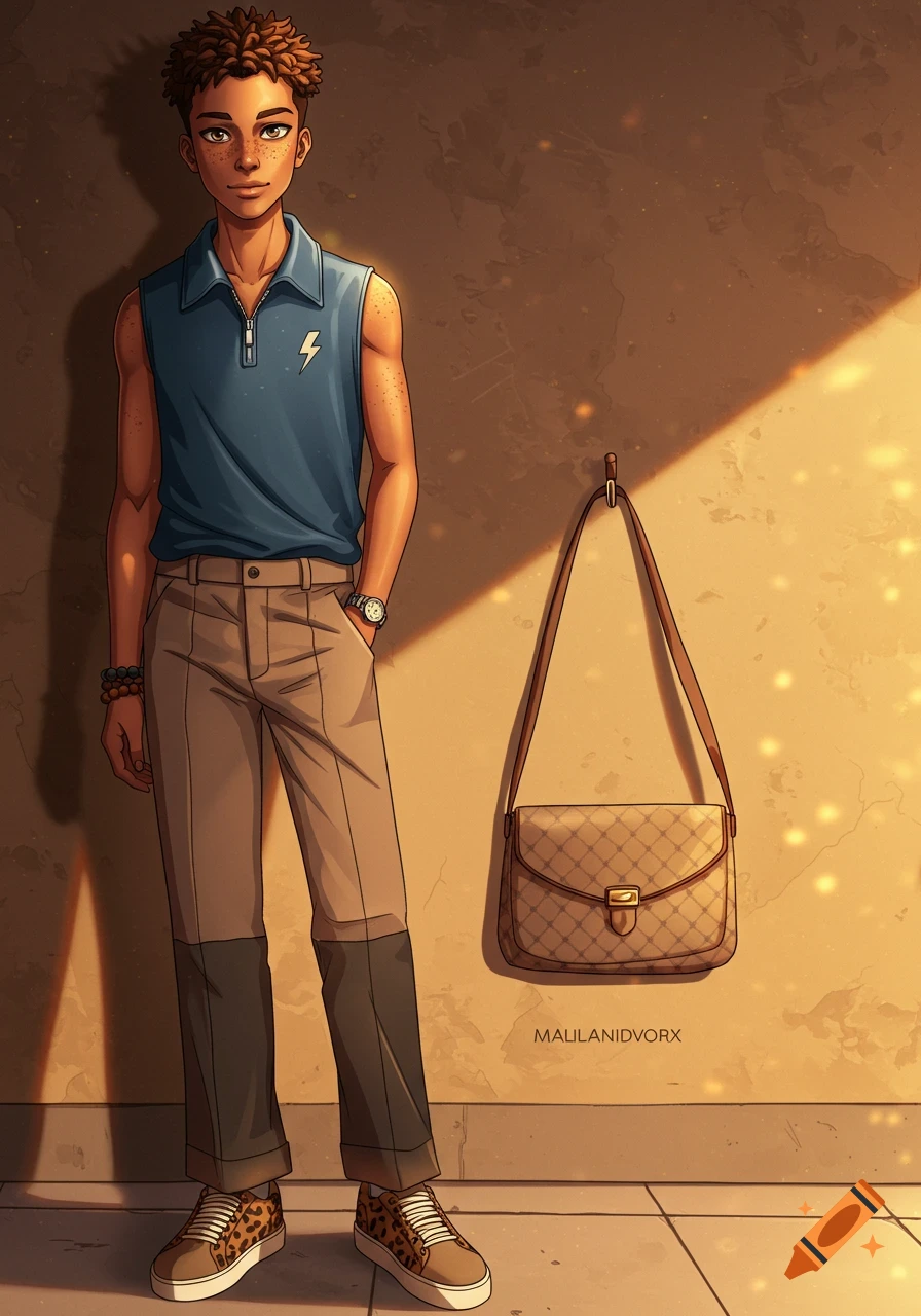 An anime boy with curly hair, freckles, and a sleeveless polo shirt stands next to a hanging crossbody bag, bathed in warm light.