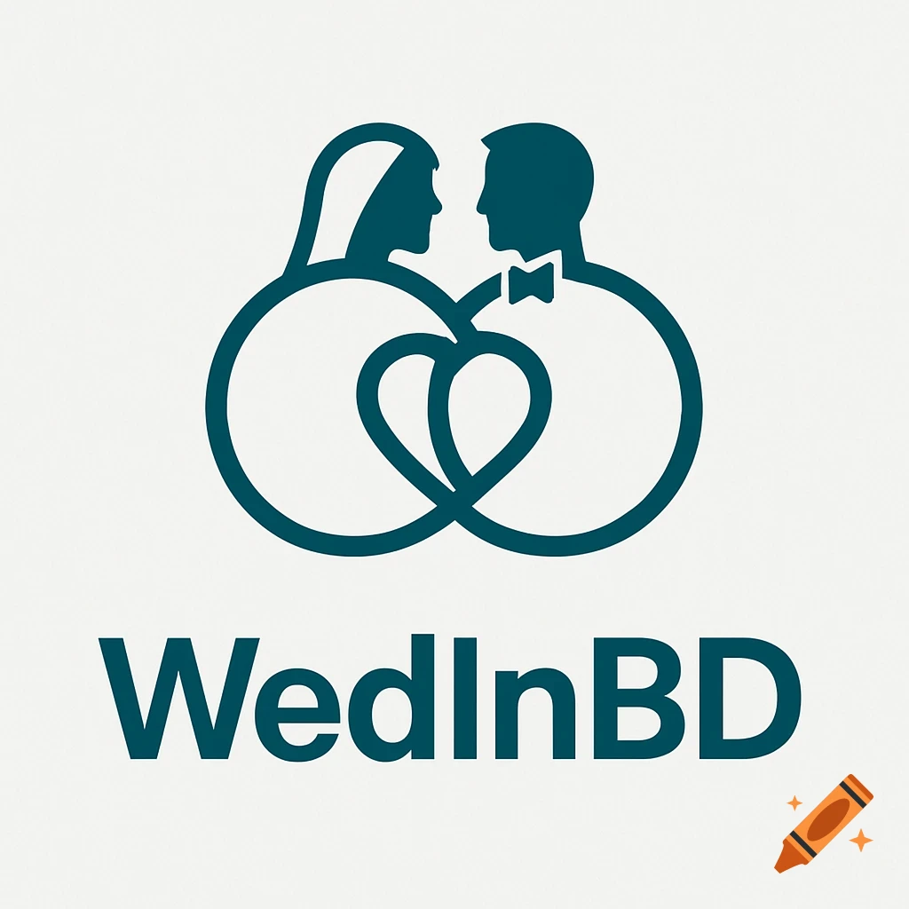 Minimalist teal and white logo featuring abstract bride and groom figures formed by interlocking circles and a heart, with "WedInBD" text.