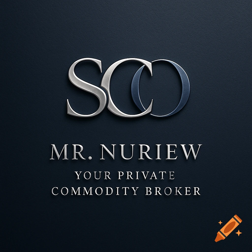 Sophisticated silver and dark blue metallic 'SCO' logo with embossed 'MR. NURIEW YOUR PRIVATE COMMODITY BROKER' text on a dark blue background.